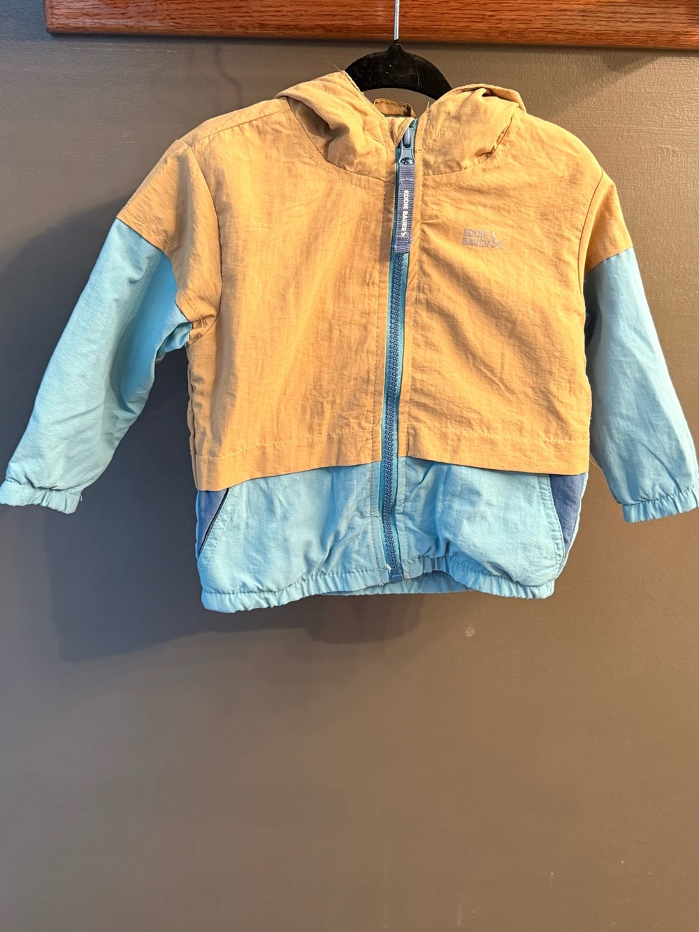 Eddie Bauer Two-Tone Hooded Jacket in tan & Light Blue